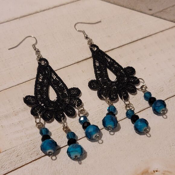 Handmade Black Embroidered Bead Dangle Earrings - Picture 1 of 4